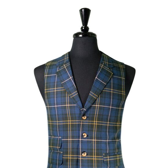 Mens 42R Wool Vest Blue Yellow Green Tartan Plaid Waistcoat Preppy Casual Formal - Picture 4 of 10